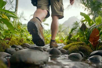 Hikers are reaching for the top by using their hands on vines, reflecting the core concept of hiking and adventure