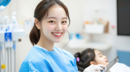 Obraz premium Korean nurse doctor woman in medical coat with tablet take care girl patient