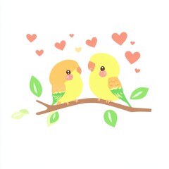 Two cute, colorful birds perched on a branch surrounded by hearts, symbolizing love and affection.