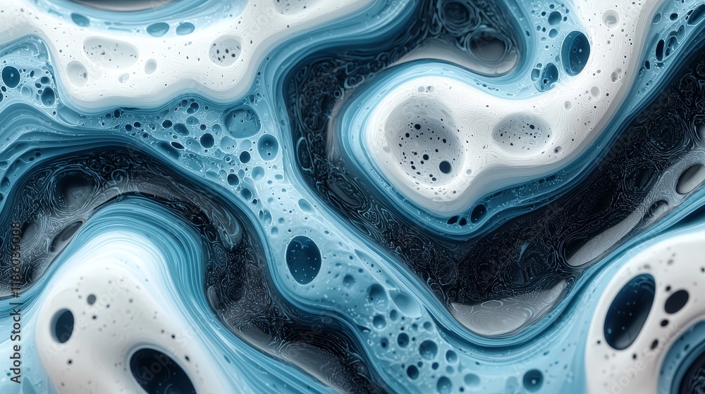 Poster on an abstract blue backdrop, a 3d illustration of a wavy surface is accented by motion graphics of 