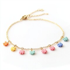 Charming pastel charm bracelet featuring colorful floral designs on a delicate gold chain, perfect for stylish accessories.