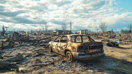The ruins of a once-bustling city, now left in ashes after a devastating fire, with remnants of buildings and vehicles scattered across the area