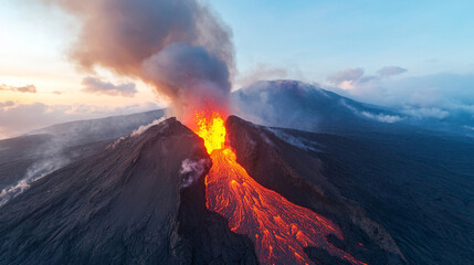 Active volcano erupting with lava and smoke at sunset. Aerial view. Nature concept for poster, banner, print.