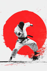 Martial artist practicing karate with red sun background