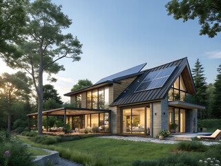 Modern house with solar panels, surrounded by greenery, showcasing sustainable living and stylish architecture against a clear sky.