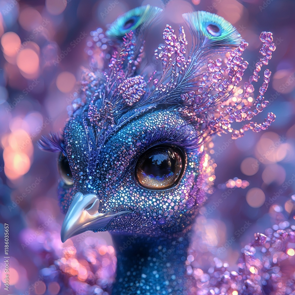 Poster exploring new dimensions with generative art and ai: holographic peacock