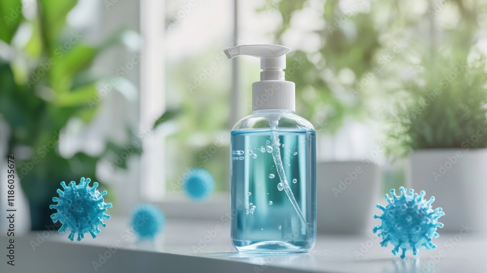 Poster droplets of sanitizer in action eliminating bacteria in a bright indoor setting surrounded by plants