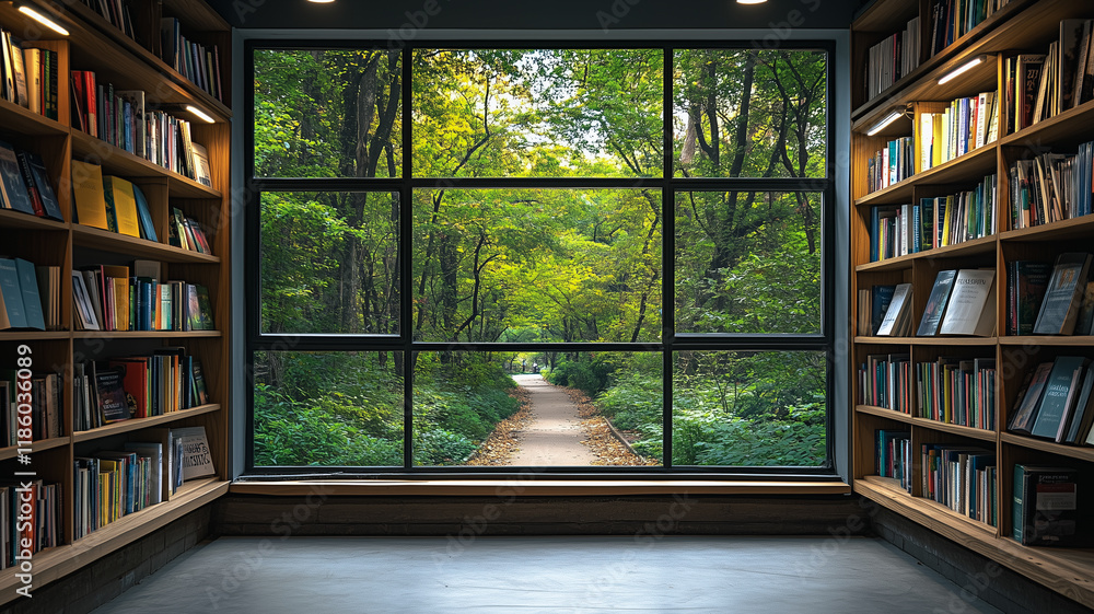 Poster library window to nature: a large window in a library offers a breathtaking view of a verdant forest