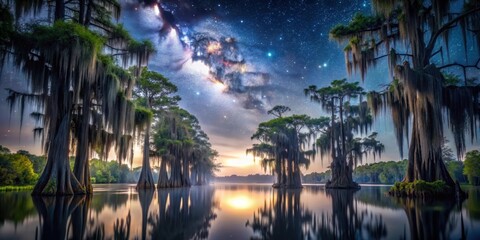 Fototapeta premium Dark mystical bayous under starry night sky with cypress trees and Spanish moss glowing softly with soft ethereal light