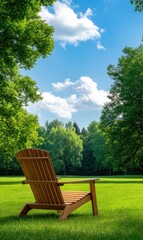 Relaxing Wooden Chair in a Beautiful Green Park Under a Bright Blue Sky with Fluffy White Clouds