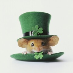 A cute mouse wearing a green top hat with a shamrock, symbolizing luck and St. Patrick's Day festivities.