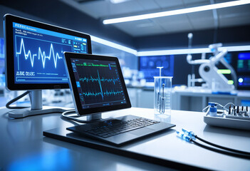 This image shows a high-tech medical setting featuring advanced equipment and a focus on digital health monitoring