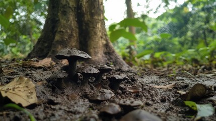 Obraz premium Mushrooms Growing on Forest Floor Beneath Tree in Rainforest