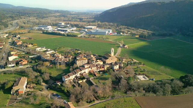 Aerial images of Argelaguer, a small village between mountains in the Garrotxa area in Girona
