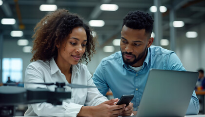 Two diverse tech professionals collaborate on drone tech project. Woman codes on laptop while colleague examines semiconductor. They are in modern factory lab. Collaborative teamwork in tech company.