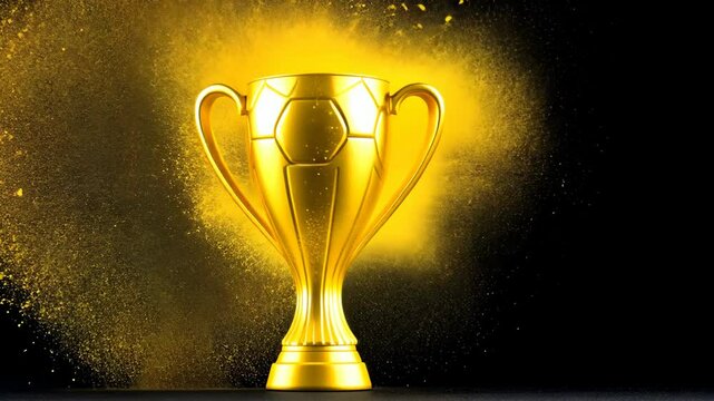 Gold soccer trophy is on a black background. The trophy is surrounded by yellow powder, giving it a sense of celebration and victory