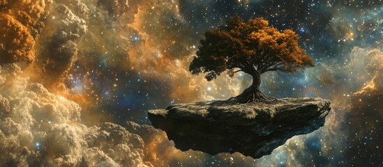 Fototapeta premium Solitary tree on a floating island in space, surrounded by nebulae and stars.