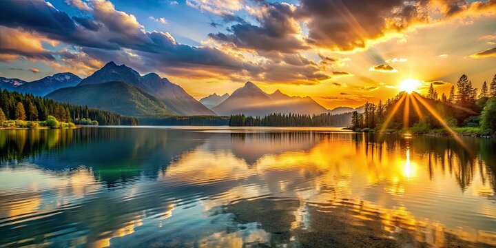 Golden hour paints the lake and mountain range in serene, low-light hues. A tranquil sunset landscape.