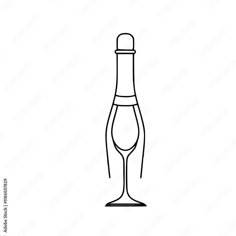 Poster a simple vector contour linear symbolic image of a standing champagne bottle and a glass inside