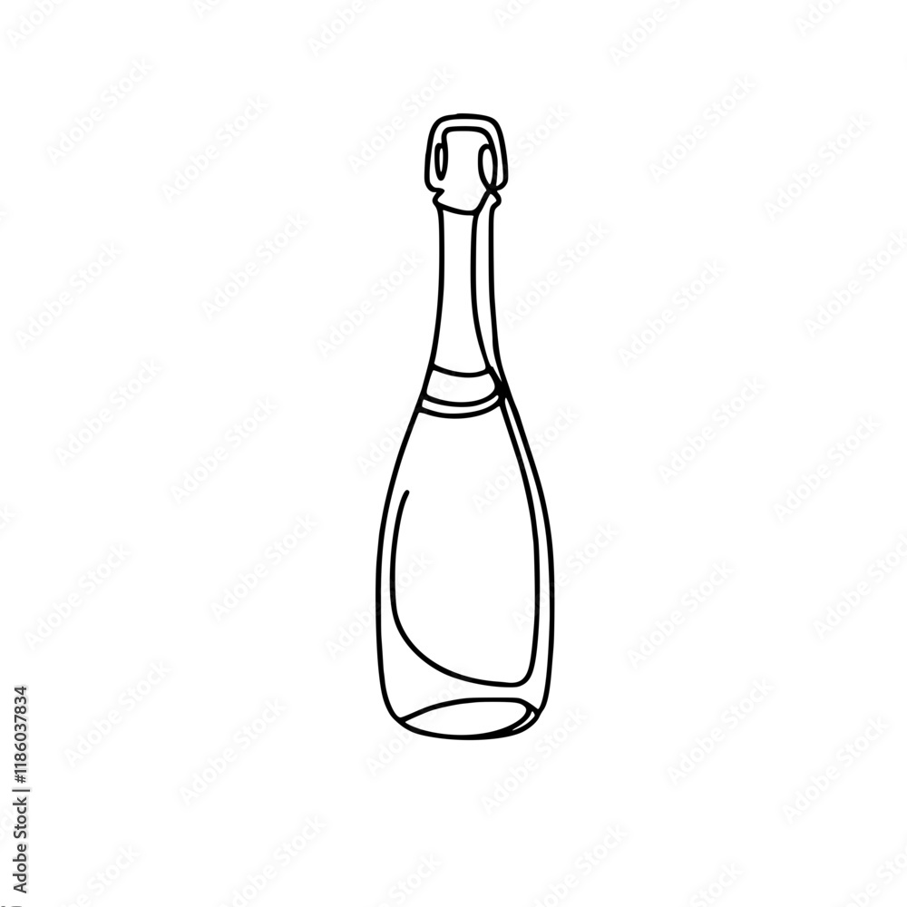 Poster simple vector contour linear image of a standing full bottle of champagne wine