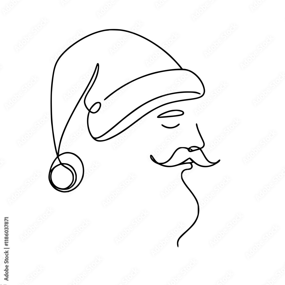 Poster linear vector contour simple drawing of santa's profile with hat. minimalistic style, ideal for new 