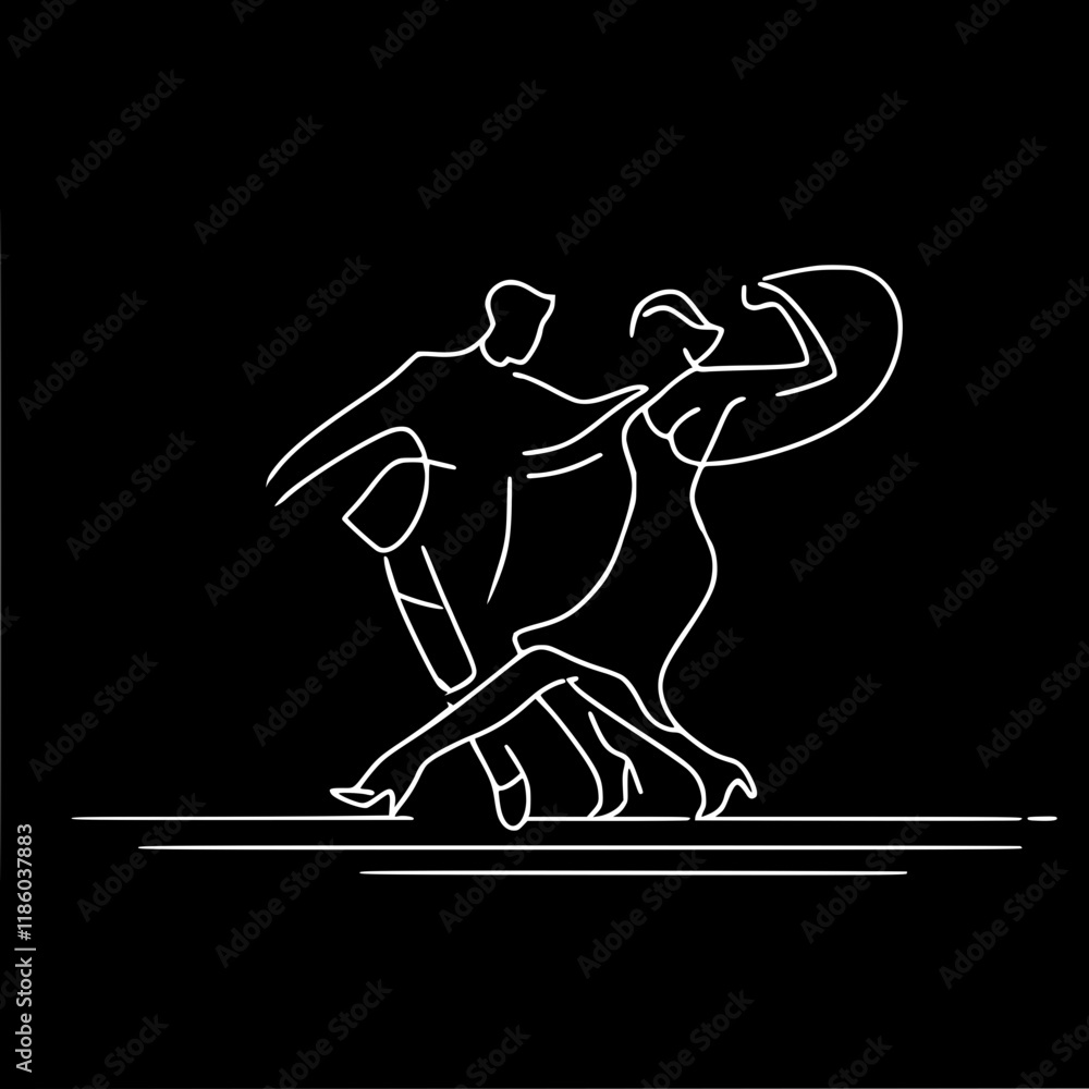 Poster linear vector contour simple drawing of a couple dancing on a dark background, dynamic pose.