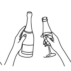 Simple vector contour linear image of two hands holding a bottle of wine and a glass