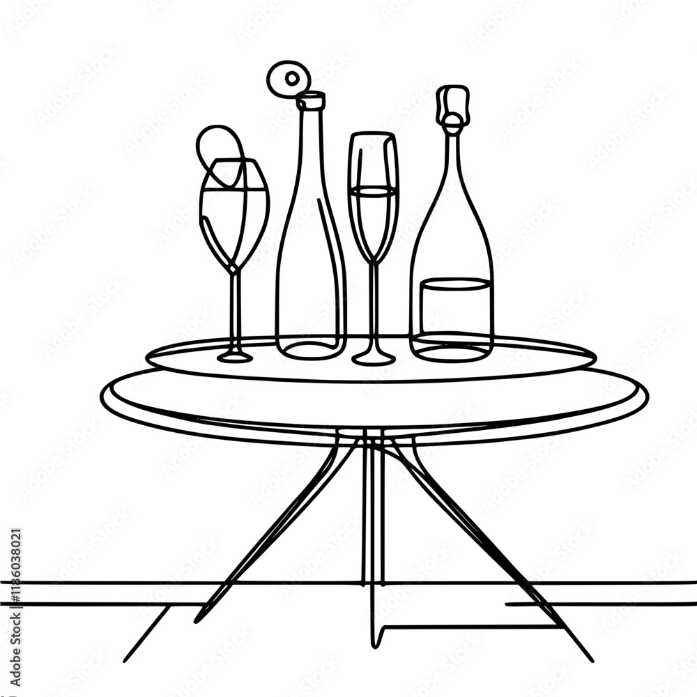 Poster simple vector contour linear image of a serving table with two bottles of wine and glasses
