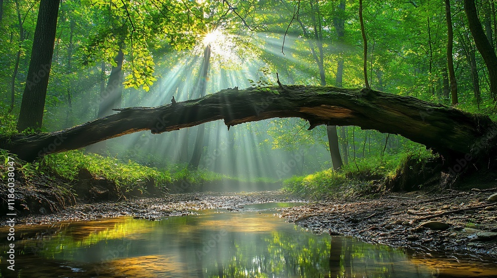 Poster a serene forest scene with sunlight streaming through trees over a calm stream.