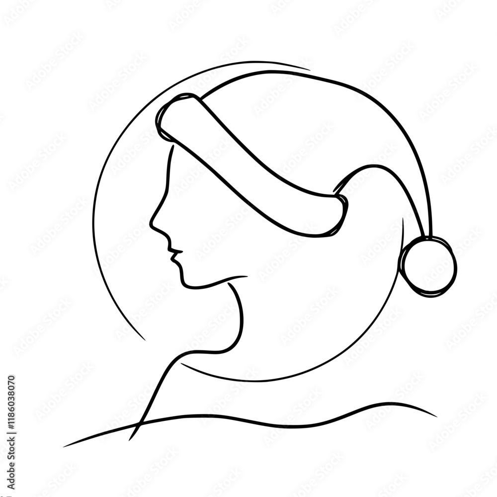Poster linear vector contour simple drawing of a profile of a man wearing a santa hat in a circle. minimali