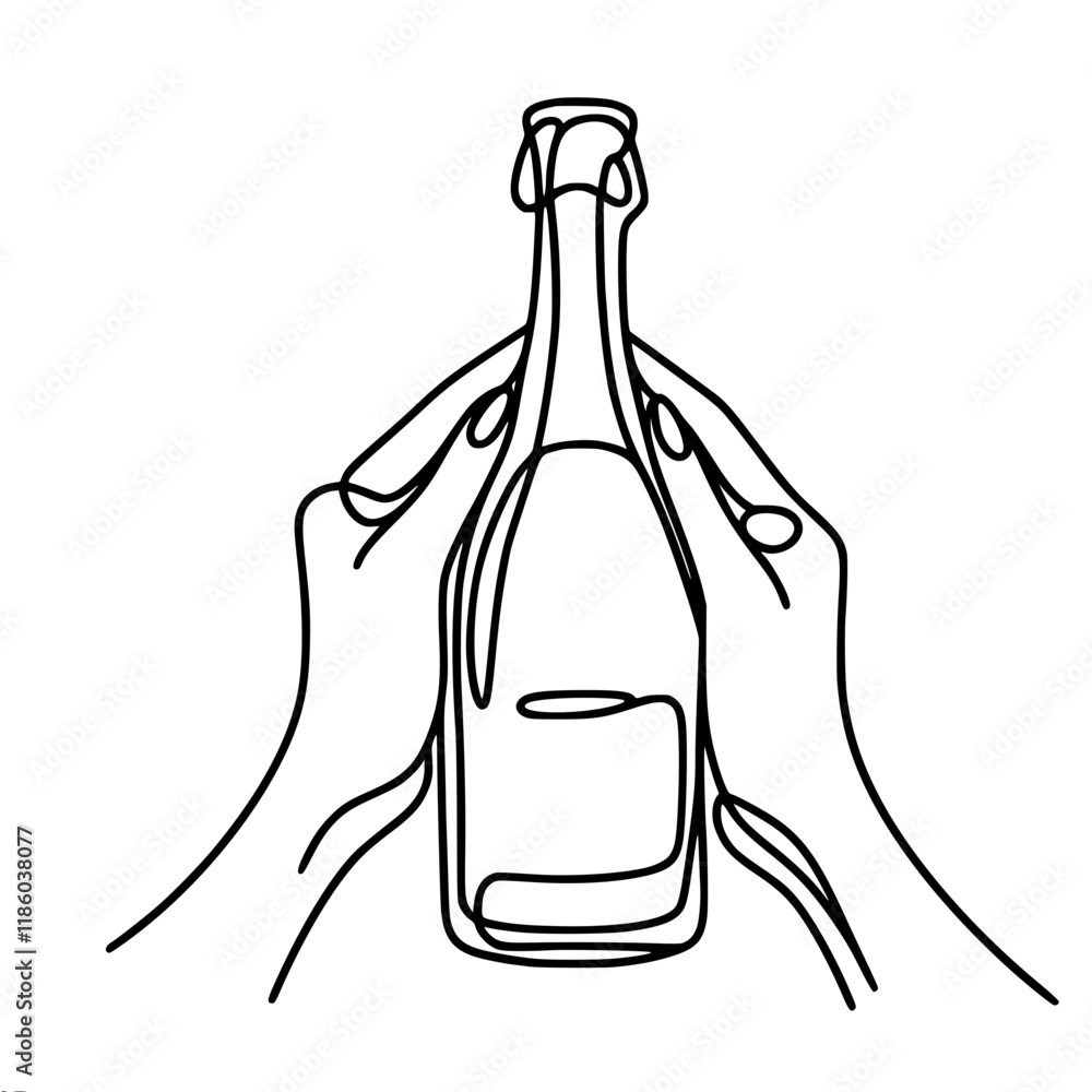 Poster simple vector contour linear image of two hands holding a bottle of champagne