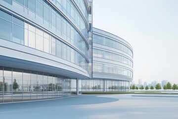 The modern office building's windows reflect the blue sky. Architecture and exterior of contemporary houses