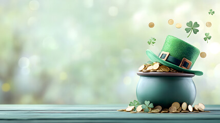 Black pot full of gold coins, leprechaun hat and shamrock leaves on magic forest for st. patrick's day holiday. Fantasy fairy tail background. Symbol of luck. Design card, invitation, banner 