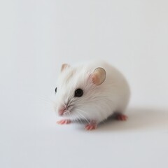 Adorable White Hamster With Bright Eyes And Soft Fur Posing On A Plain Background, Exuding Innocence And Playfulness. Perfect For Pet Care, Animal Photography, And Indoor Themes.