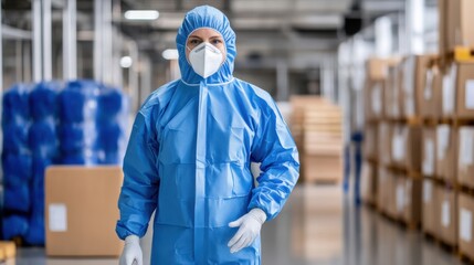 Healthcare worker in protective clothing and mask walks through a storage facility during the pandemic response
