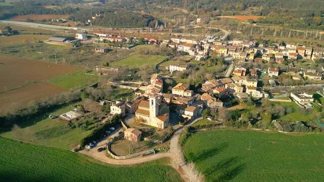 Aerial images of Argelaguer, a small village between mountains in the Garrotxa area in Girona