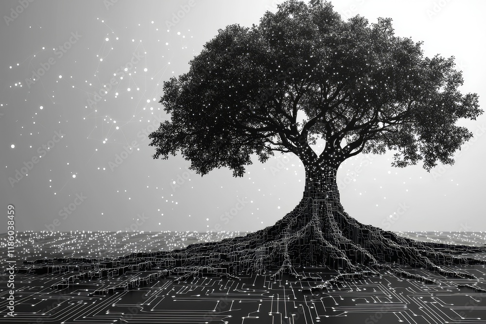 Poster a technological tree on a white background, featuring generative ai