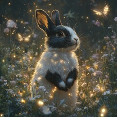 A fluffy black and white rabbit in a magical garden, surrounded by oversized glowing flowers and fluttering fairies