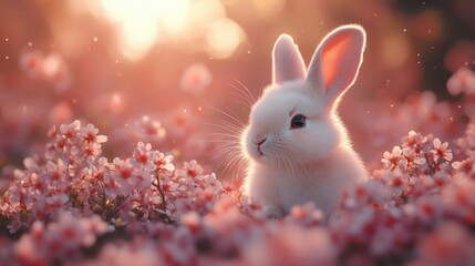A fluffy white rabbit sitting in a field of blooming cherry blossoms under a soft pink sunset, rendered in a dreamy and painterly style