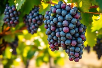  Ripe grapes hung on vineyards of grape trees. In the morning vineyard