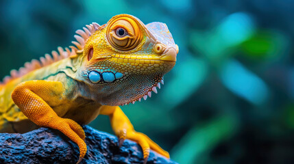 Obraz premium Vibrant iguana with colorful scales resting on rock, showcasing its unique features in lush environment. image captures beauty of this reptile in detail