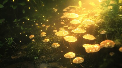 Enchanting glow of luminous mushrooms in a mystical forest scene