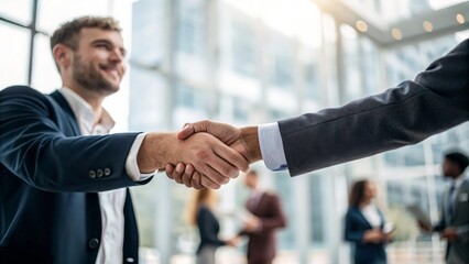 Handshake in Blurred Office Environment: Depicts a handshake between professionals with a blurred office background, symbolizing partnership.	
