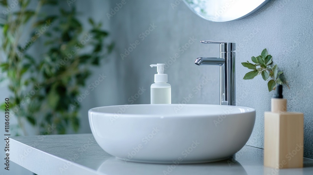 Poster droplets of sanitizer on surfaces in a modern bathroom, highlighting hygiene practices in daily life