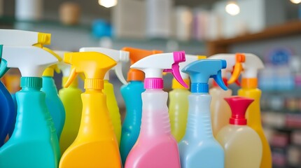 A colorful array of cleaning spray bottles lined up on a wooden surface, ready to tackle any household chore