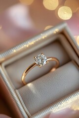 Elegant diamond ring in luxurious gold setting displayed in soft light. Generative AI