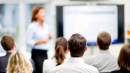 Business Presentation: Features a presenter in front of a blurred audience, highlighting a professional environment.	

