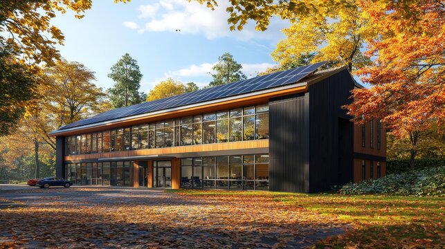 small industrial minimalist design style office building with two stories, featuring glass elements