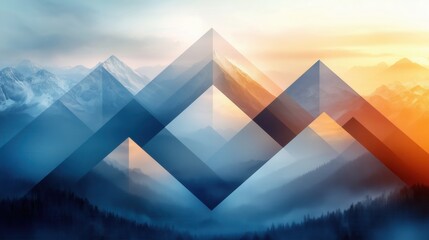 Background with geometric shapes imitates mountain landscapes. Gradient to blue, white and orange.