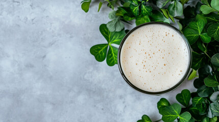 Glass of foamy drink with green shamrocks on gray background. St. Patrick's Day. Drink concept. Banner. Top view with copy space.
